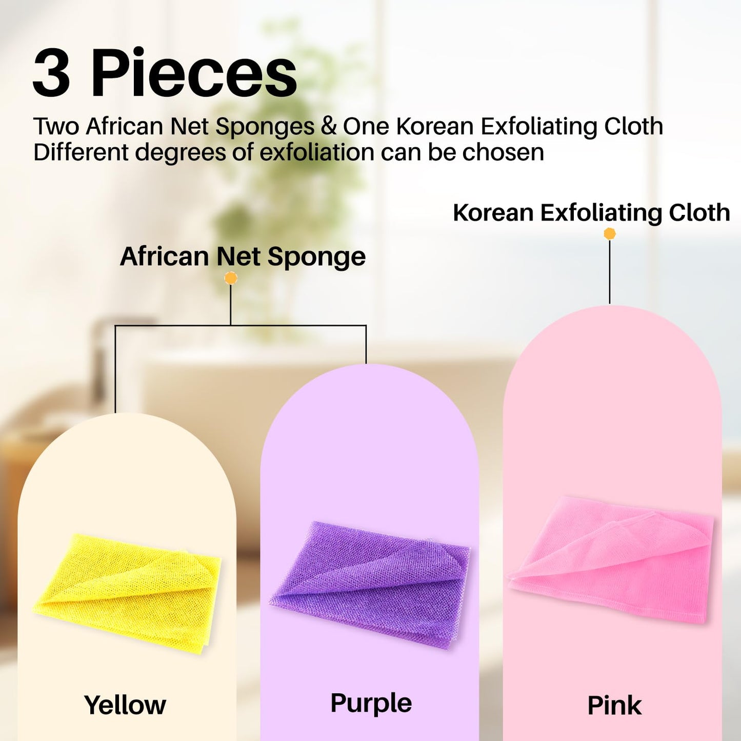 Olaemuo 2 Pieces African Net Bath Sponge Authentic &1Pieces Korean Exfoliating Washcloth Loofah for Women Men,Nylon African Exfoliating Net Sponge Shower Scrubber for Body Daily Use,Pink Yellow Purple