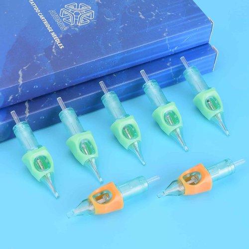 50pcs Mixed Tattoo Cartridge Needles, ATOMUS Assorted Disposable Tattoo Needle 3RL 5RL 7RL 9RL 3RS 5RS 7RS 9RS 5M1 7M1 for Tattoo Machine (Green)