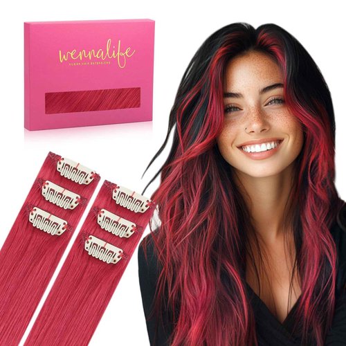 WENNALIFE Red Clip in Hair Extensions Real Human Hair 35g 6pcs 24 Inch Colored Hair Extensions for Kids Women Colorful Hair Pieces Pop-up Style Straight Extensiones De Cabello Humano Con Clip