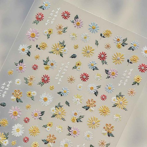 Colorful Daisy Nail Art Stickers 5D Embossed Daisy Nail Stickers Self Adhesive Cute Flower Nails Decals White Floral Design Sticker Spring Summer Nails Supplies for Women DIY Manicure