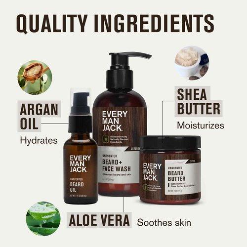 Every Man Jack Unscented Beard Bundle - Fragrance Free for Sensitive Skin - Contains (1) each of Beard & Face Wash, Beard Butter, and Beard Oil