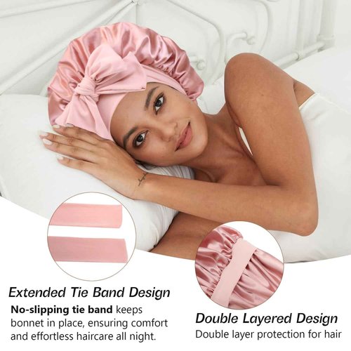 Double Layer Satin Silk Hair Bonnet for Sleeping Women Reversible Adjustable Bonnet with Tie Band for Curly Natural Braids Hair - Blush Pink