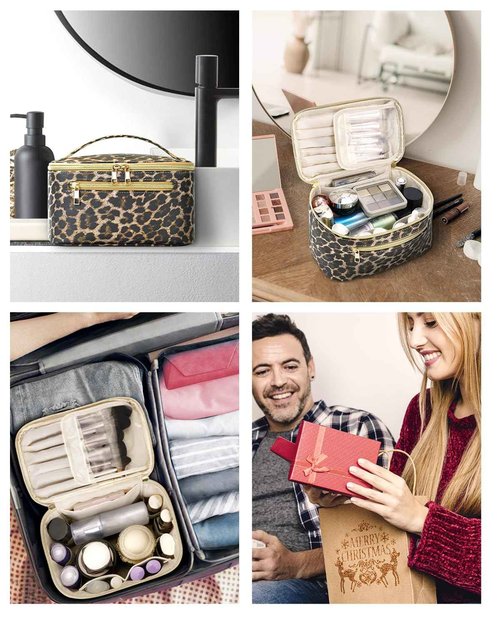 Wandering Nature Makeup Bag, Travel Make Up Organizer Cosmetic Brush Bags Case for Women in Vegan Leather, Leopard Print, Patent Pending