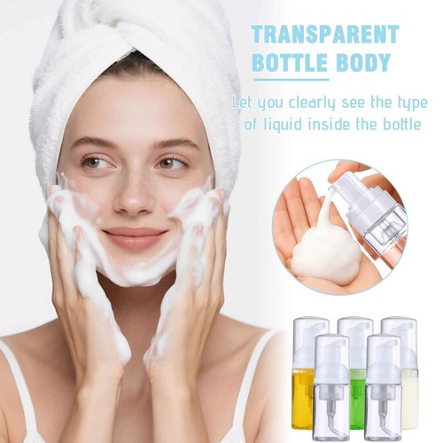 50 Pcs Foam Pump Bottle 1 oz Small Size Mousse Foam Soap Dispenser,Clear Plastic Empty Refillable Mini Foam Pump Bottle for Face Wash Shampoo Skin Care with 160 Labels（30 ml）