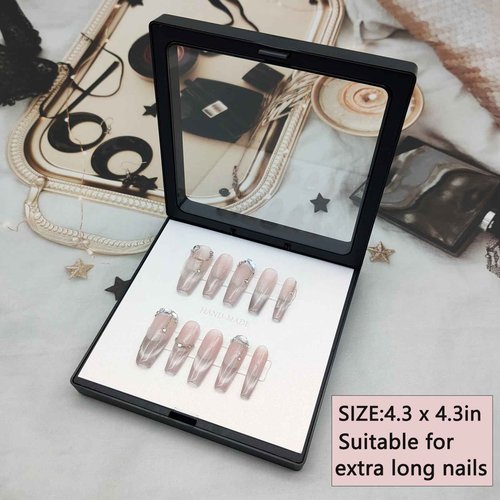 GUXACU Press On Nail Packaging Boxes - 3D Floating Storage and Display Box With 60pcs Double Sided Adhesive Tape for Nail Tech (Black, 4.3 Inch)