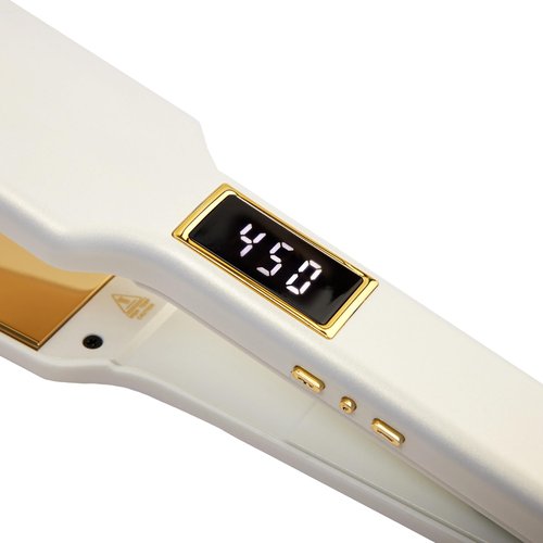 FoxyBae Flat Iron Hair Straightener - 1.75" TRÉS Sleek Grande Wide Plate Titanium Flat Iron - Dual Voltage Portable Hair Straightener for Frizz Free, Shiny & Smooth [Pearl-White Gold]