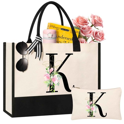 AYGE Personalized Initial Canvas Beach Tote, Monogrammed Gifts for Women, Makeup Bag, Birthday Gifts for Sister, Mom, Teacher, Bridesmaid (K)