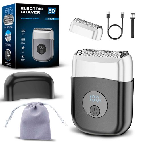 Electric Foil Shaver for Men: 2 Foil Head & Travel Case (Soft Pouch), Mini Razor for Face with LED Display & 3 Floating Blades - IPX7 Waterproof Wet Dry, Cordless Rechargeable with USB Type-C