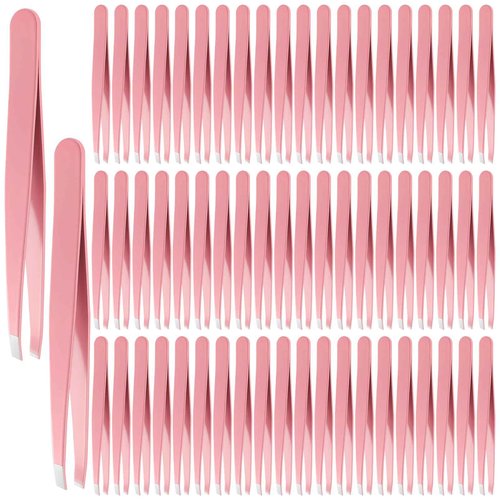 Lasnten 64 Pieces Eyebrow Tweezers for Women Men Slanted Precision Stainless Steel Tweezers Facial Hair Removal Ingrown Hair Eyelash Extension Plucking Blackhead(Pink)