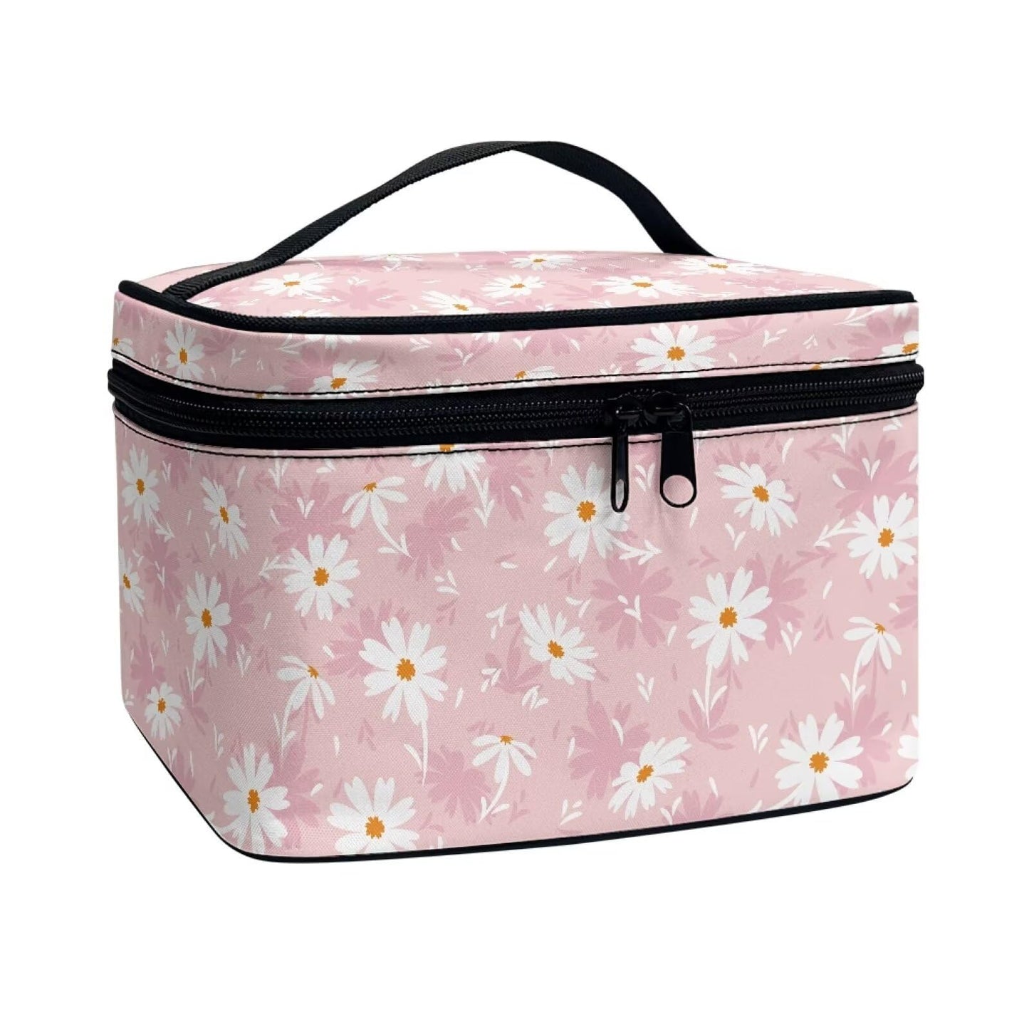 ELEDIZI Cute Pink Floral Makeup Bag Aesthetic Cosmetic Bags for Women Travel Toiletry Bag with Brush Holder Large Capacity Skincare Bag Portable Cosmetic Organizer Case Nice Gifts for Teenage Girls