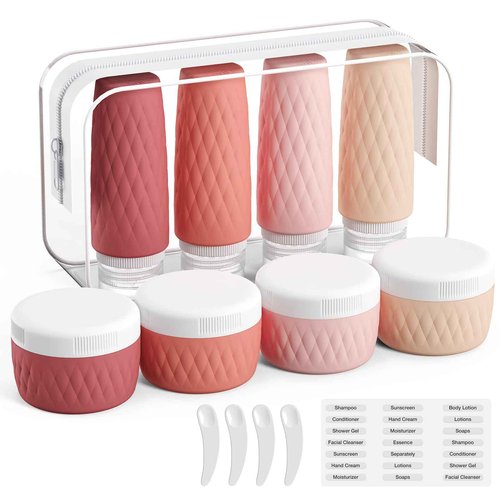 kuangre 8 Pack Travel Bottles for Toiletries - 3 OZ / 90 ML, | Leak Proof Silicone Containers with Clear Bag, Travel Size Toiletries for Lotions, Creams, Foundation, Shampoo, body wash and More |