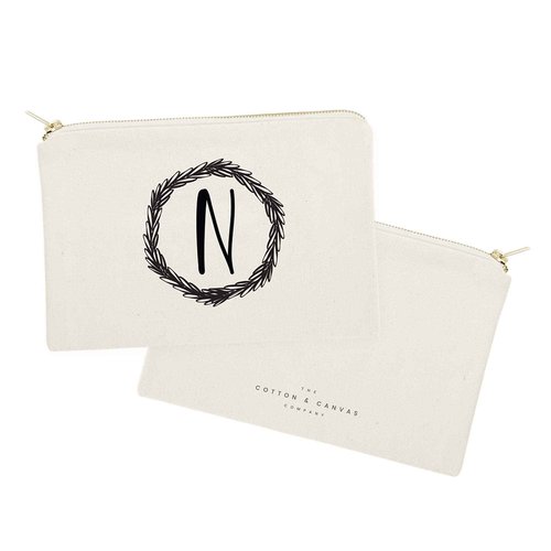 The Cotton & Canvas Co. Personalized Wreath Monogram Initial N Cosmetic Bag and Travel Make Up Pouch