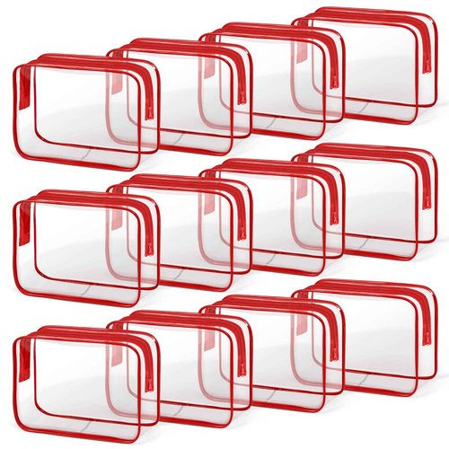 TISRATOK 12 PCS Clear Makeup Bag for Women with Zipper, TSA Approved Toiletry Pouch, Cosmetic Bag Bulk for Travel Organizer Essentials - Red, Medium