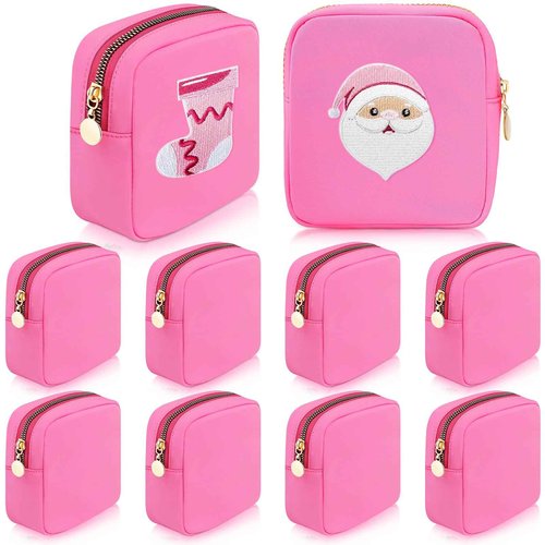 Giesiery 9 Pcs Christmas Mini Pouch Bag Nylon Makeup Bags Bulk Cosmetic Bags for Purse Toiletry Organizer Pouches for Women, Small Zipper Gift Pouch Preppy Coin Purse (Hot pink)
