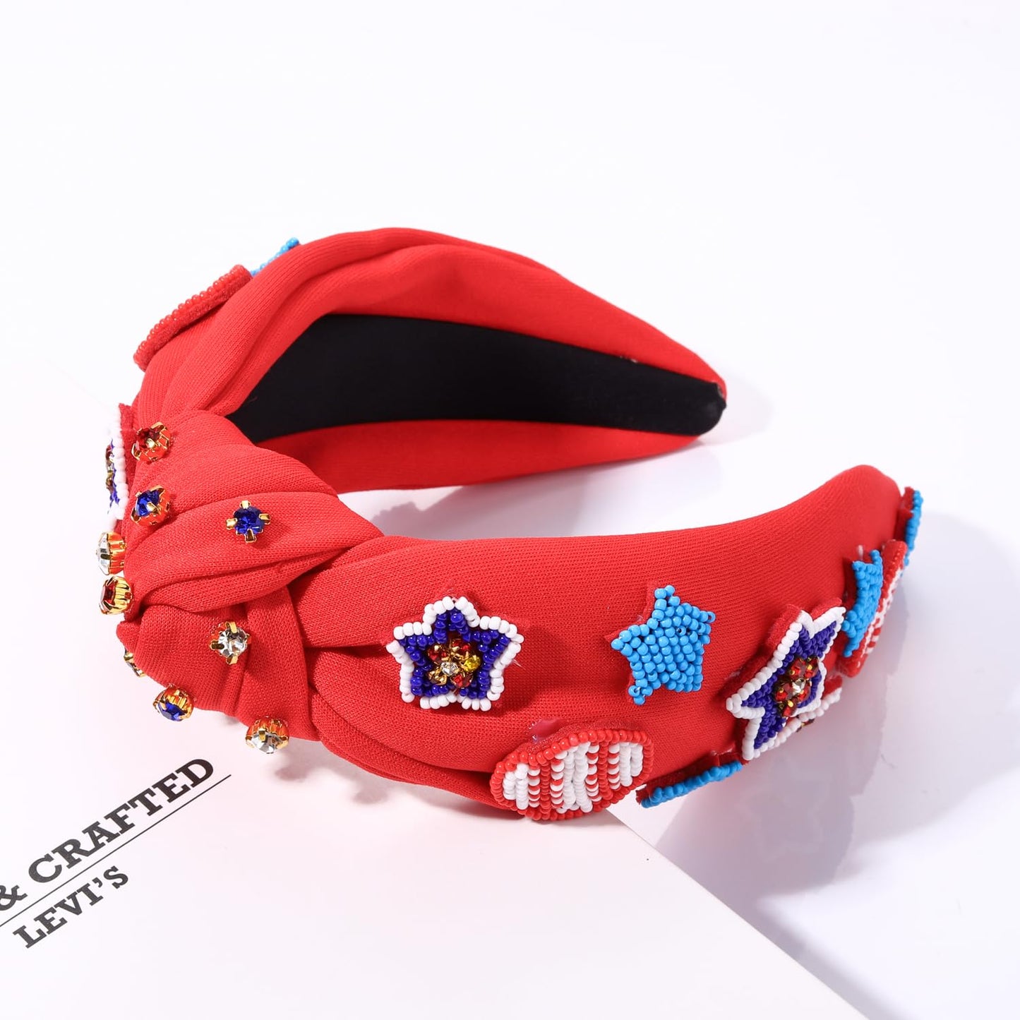 GLBCC 4th of July Knot Headband for Women Red White Blue Star Hairband Pearl Rhinestone Stars Beaded USA Patriotic Knotted Head Band Headpiece Hair Accessories (patriotic headband B)