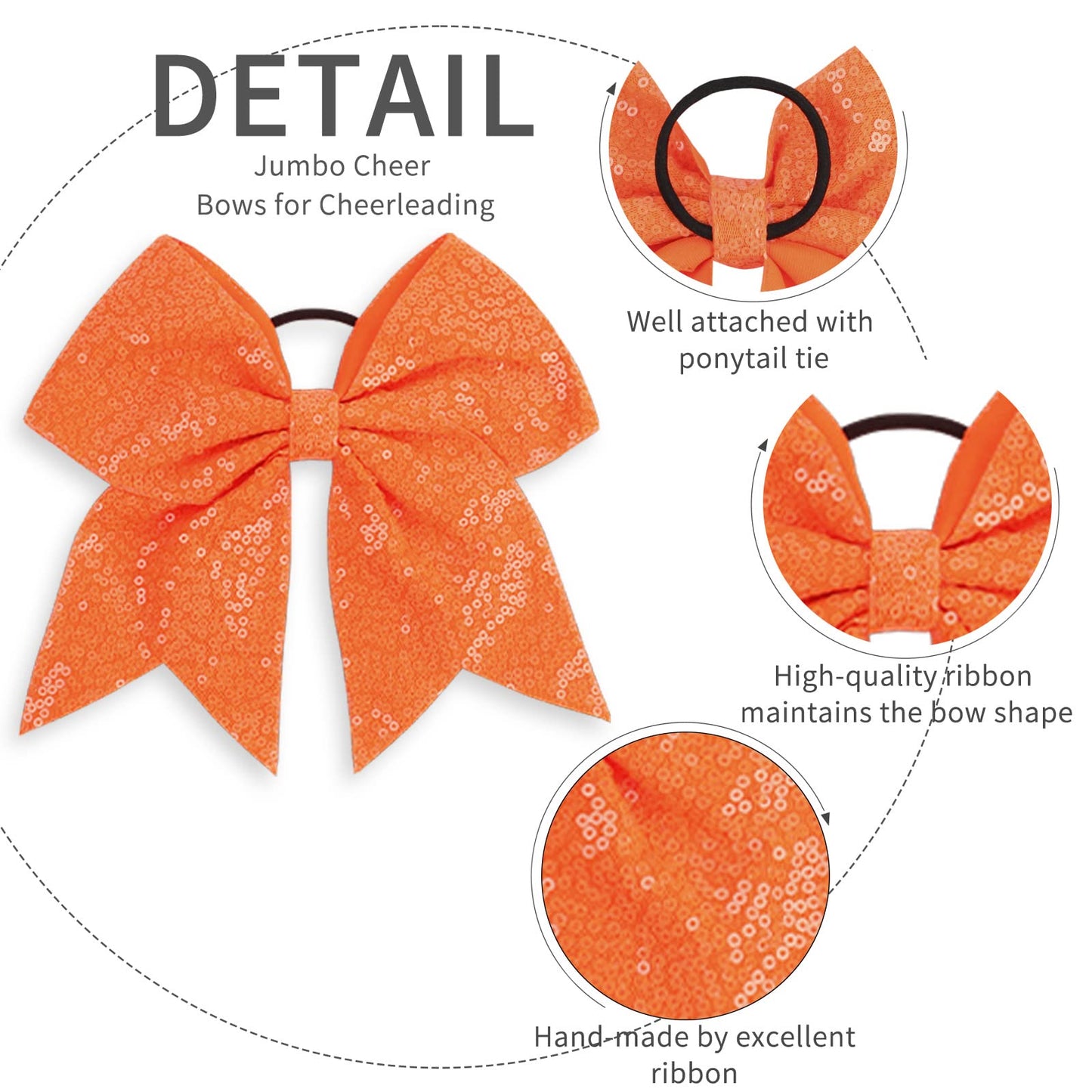 Oaoleer 12PCS 7" Large Glitter Cheer Hair Bows Ponytail Holder Elastic Band Handmade for Cheerleading Teen Girls College Sports (Sequin Orange 12PCS)