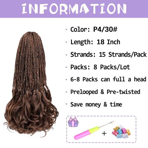 WOKAA French Curly Braiding Hair Pre looped 18 Inch 8 Packs Crochet Hair for Women Dark Brown mix Brown Crochet Box Braids with Curly Ends Synthetic Hair Extensions P4/30#