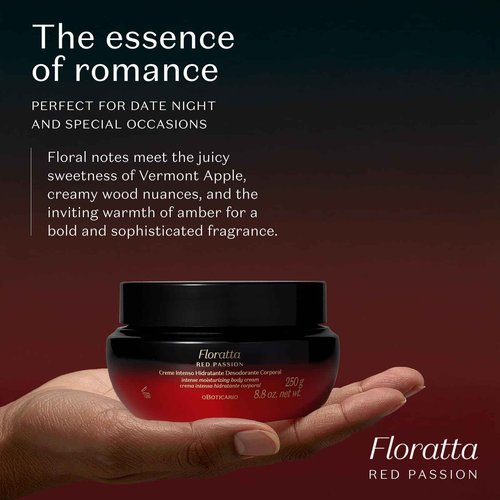 O BOTICARIO Floratta Red Passion Body Cream, Luxurious Hydration with Bold Floral & Amber Fragrance, Fast-Absorbing Moisturizer, 8.8 Ounce (250g)