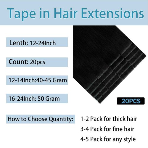 Tape in Hair Extensions Human Hair 14Inch Natural Black Color 20Pcs 50G/Pack Straight Seamless Weft Skin Invisible Thick 100% Real Black Human Hair Tape In Extensions
