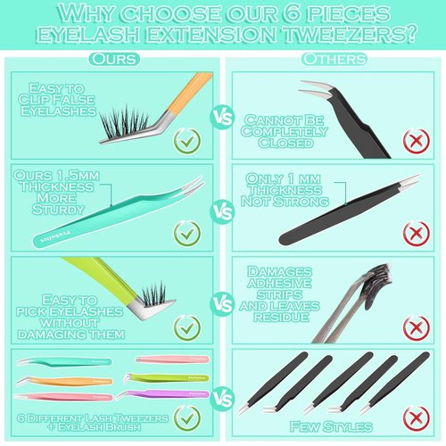 6pcs Eyelash Tweezers Lash Extension Tweezers for False Lashes,Christmas Gifts Eyelash Tweezers for Lash Clusters Metal Lashtweezers Stocking Stuffers with Lash Applicator Tool