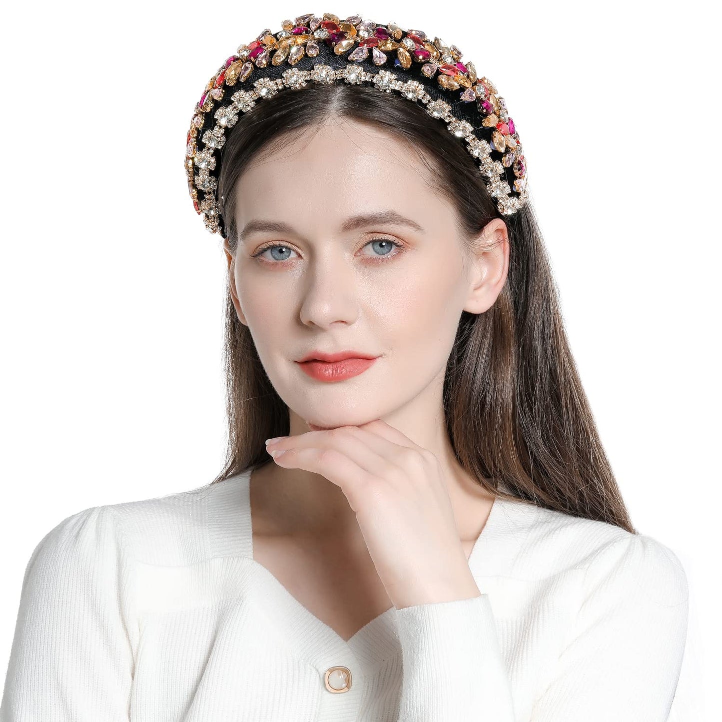 QIANXUAN Crystal Rhinestone Headbands For Women White Pearl Headbands For Girls Padded Headband Black Velvet Jewelry Chain Hairband Handmade Pearly Flower Retro Filling Diamond Hair Accessories (Rhinestones Headband-98)