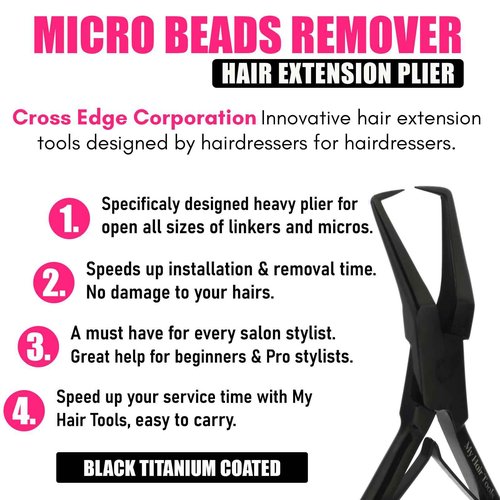 My Hair Tools Hair Extension Tools Kit Includes Micro Beads Remover & Crimping Pliers set, Stainless Steel Micro Rings Pulling Hook & Loop Tool Packed in Soft Case (Black with Rubber Grip)