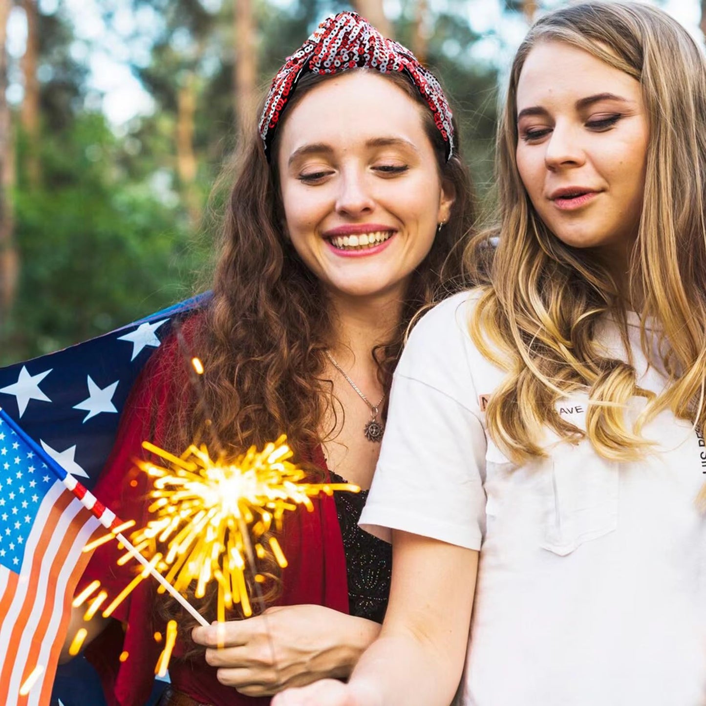 VHWMHEAD 4th of July Headbands - 4th of July Sequin Knotted Headbands for Women Girls Red White Hairband Sparkly Wide Hair Bands Glitter Headband Patriotic Hair Accessories