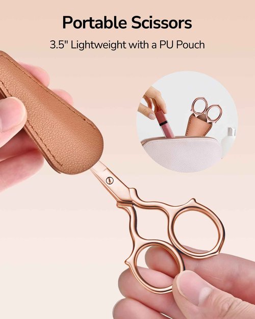 ULG Multi-Purpose Eyebrow Scissors Small Precision Grooming Kit for Women & Men – 3.7” Stainless Steel Beauty Scissors for Eyebrow, Eyelash, Nose Hair, Beard, Mustache with a PU Pouch, Rose Gold