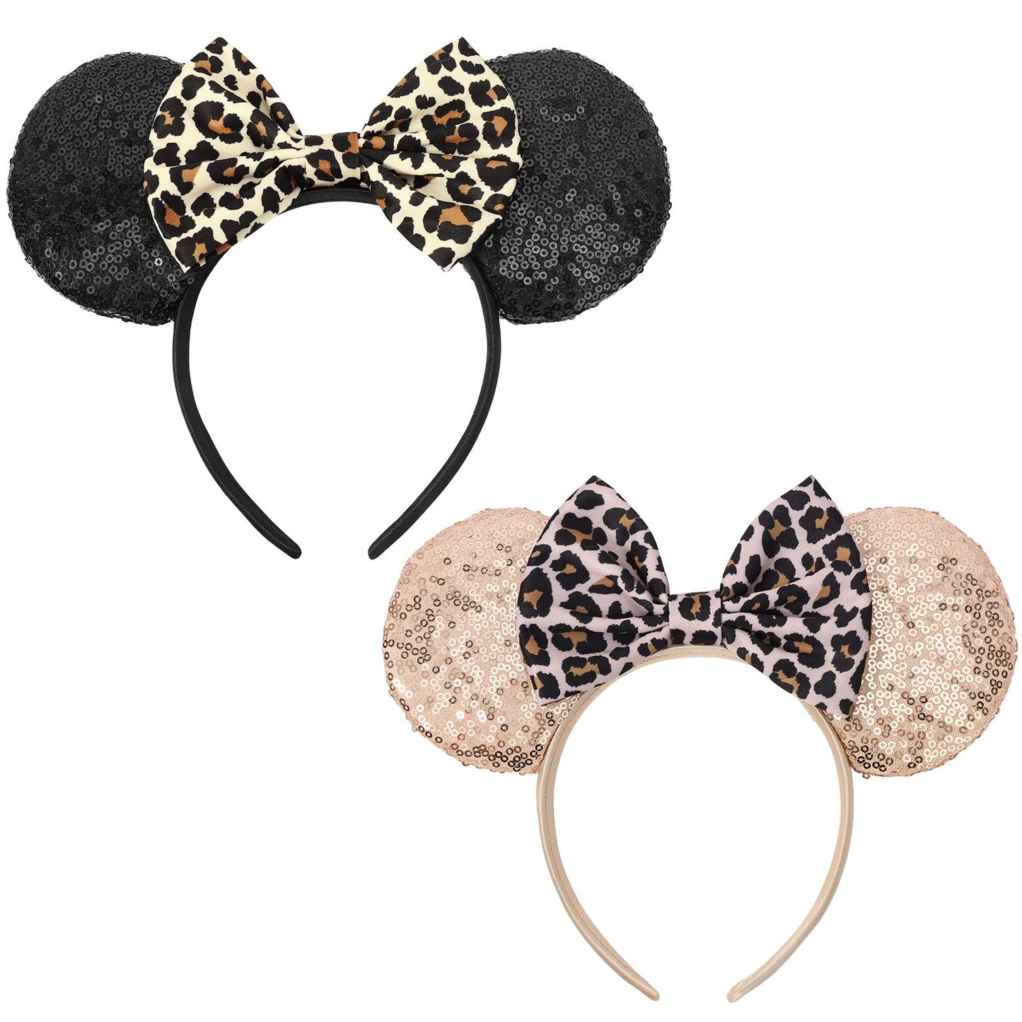 UNSPAZ Leopard Mouse Ears Headbands, 2 PCS Leopard Cheetah Mouse Ears Glitter Leopard Print Headbands for Women Girls Boys, Sequin Animal Ears Bow Headband for Cosplay Costume (Black&Champagne)