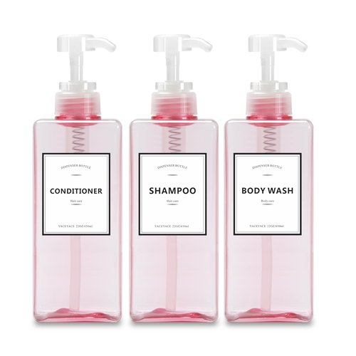 YACEYACE 22oz Set of 3 Travel Shampoo and Conditioner Dispenser, Empty Soap Dispenser, Pink Refillable Bottles