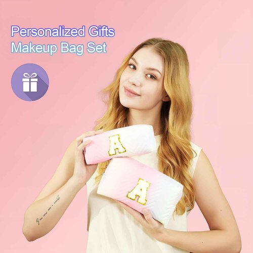 2-Pack Quilted Makeup Bag Set – Cute Cosmetic Pouch for Travel, Toiletries, Purse & Organizer – Large Small Zipper Makeup Bags, Personalized Initial Gift for Women, Teens, Girls, Pink M