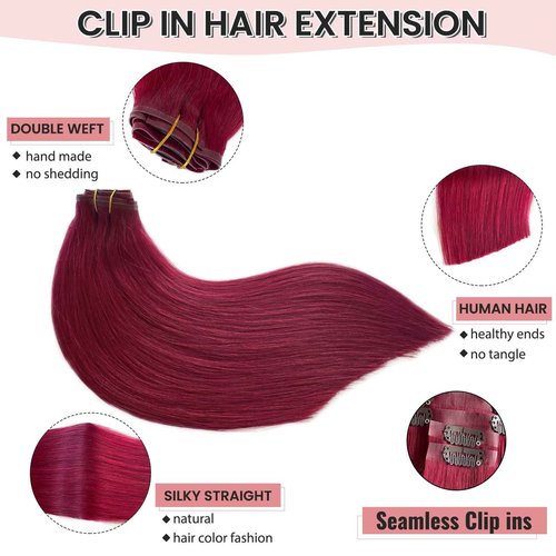 Hair Extensions Burgundy Clip in Hair Extension Real Human Hair Clip on Hair Extensions for Women 16 Inch 100G 7 Pcs