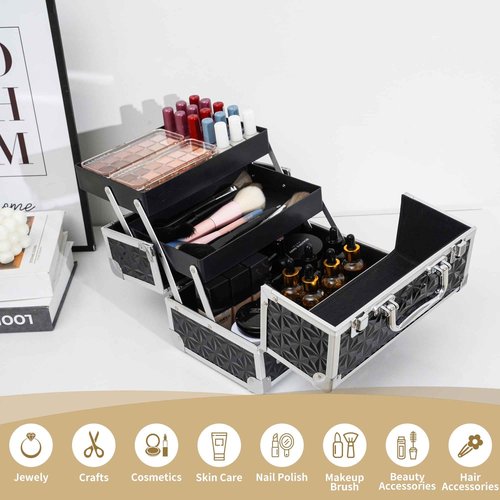 Leeora&Leekoo Makeup Train Case with Lighted Mirror,Portable Makeup Box Organizer (Black)