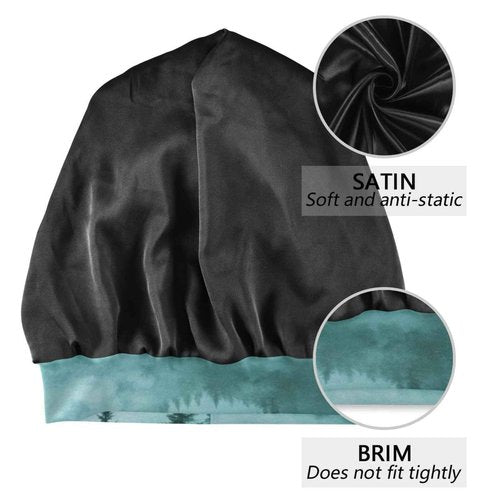 ElliTarr Beanie Hat Satin Bonnet Lined Sleep Cap Hair Wrap Cover Slouchy Beanie for Curly Hair Protection for Gifts for Men Women Foggy Green Mountains and Pine Trees