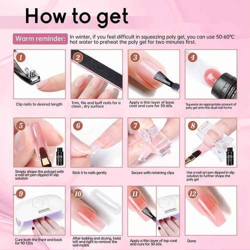 JEWHITENY Poly Gel Nail Kit With U V Lamp And 2 Bottle of 10ML Top Coat Base Coat Set Poly Gel Nail Art Extension Tools Nail Art Design Beginner Kit