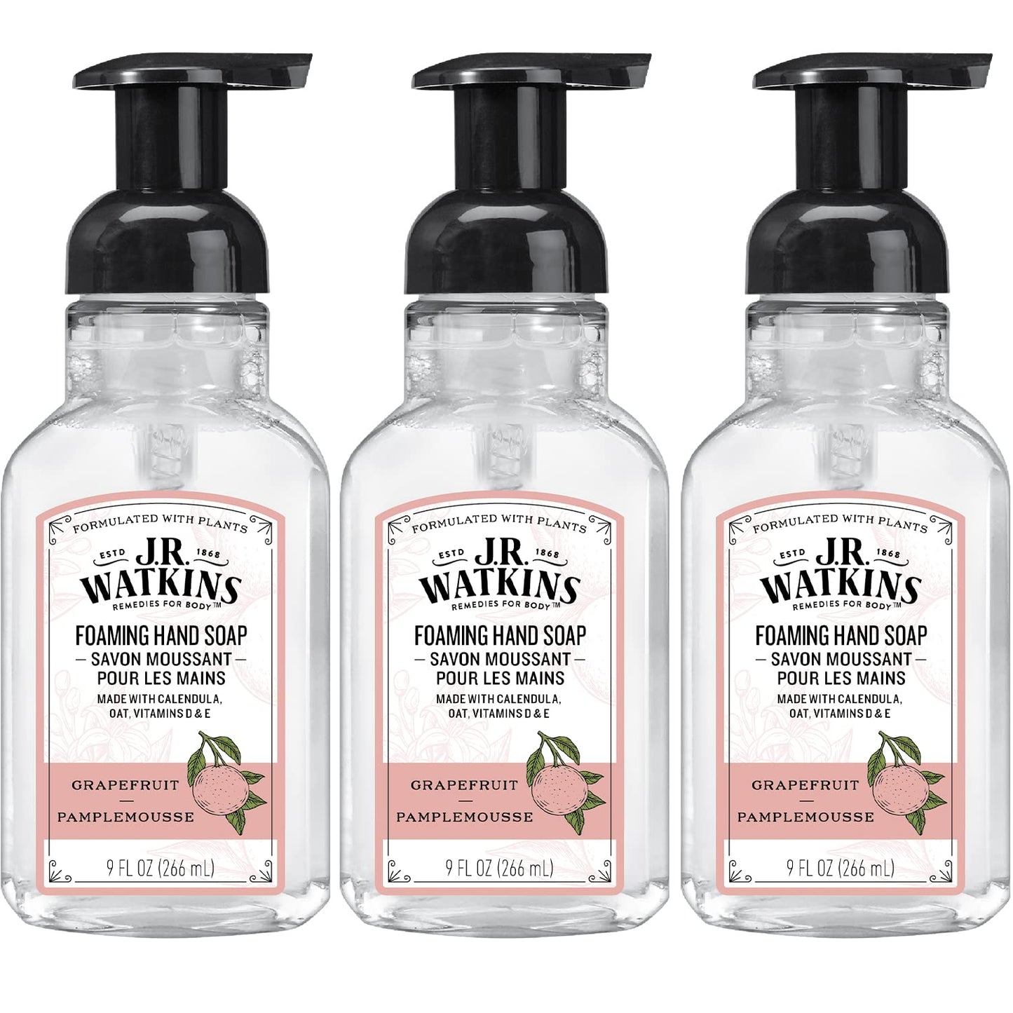 J.R. Watkins Foaming Hand Soap with Pump Dispenser, Moisturizing Foam Hand Wash, All Natural, Alcohol-Free, Cruelty-Free, USA Made, Grapefruit, 9 fl oz, 3 Pack