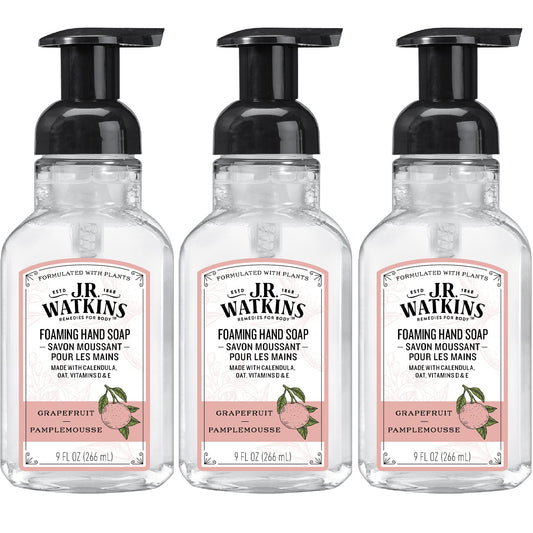 J.R. Watkins Foaming Hand Soap with Pump Dispenser, Moisturizing Foam Hand Wash, All Natural, Alcohol-Free, Cruelty-Free, USA Made, Grapefruit, 9 fl oz, 3 Pack