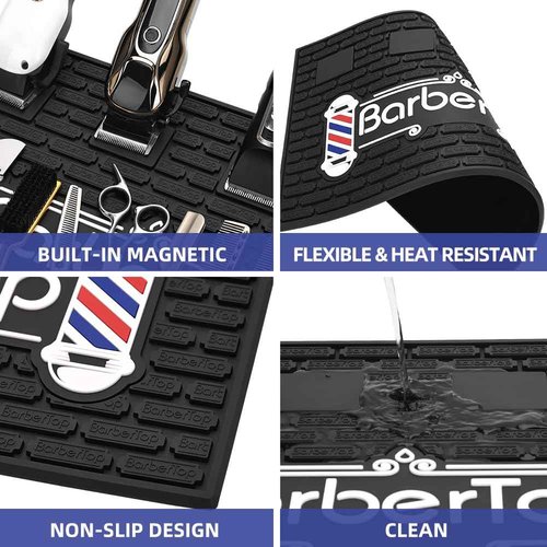 Magnetic Barber Mat for Clippers, 17.7 x 11.8 in, 4 Strong Magnetic Organizer Stations for Heavy Clippers and Trimmers, Professional Anti-Slip Rubber Heat Resistant Barber Table Mat for Hairstylist