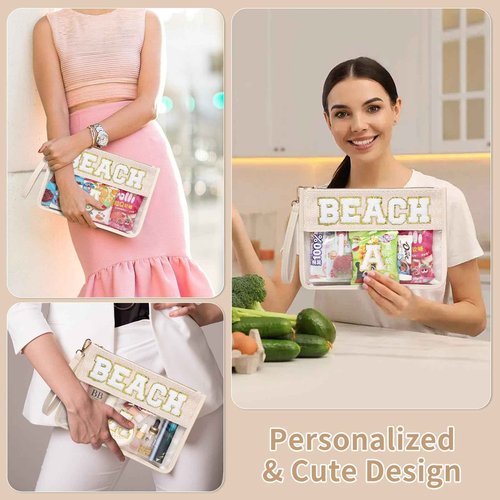 Pinkmik Chenille Letter Clear Zipper Pouch for Travel Clear Snack Bag Beach Cosmetic & Toiletry Makeup Bag for Women (BEACH)