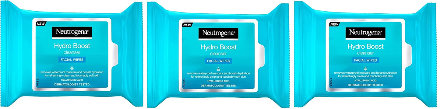 Neutrogena HydroBoost Facial Cleansing & Makeup Remover Wipes with Hyaluronic Acid, Hydrating Pre-Moistened Face Towelettes to Cleanse & Remove Dirt, Makeup & Impurities, 25 count,(pack of 3)