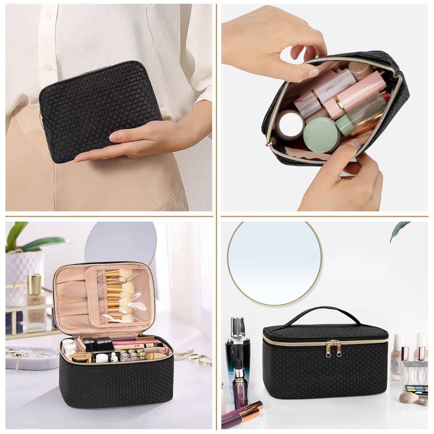 OCHEAL Makeup Bag Set of 2, Large Makeup Bag Organizer & Small Cosmetic Bag Multifunctional Make Up Bags Cosmetics Toiletry Brushes Storage Pouch for Women Girls Makeup Case -Black Braided