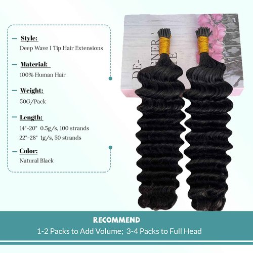 Curly I Tip Hair Extensions Human Hair for Black Women Invisible I Tip Human Hair Extensions Stick Tip Fusion Extension Brazilian Deep Wave Real Human Hair 50g 16 Inch