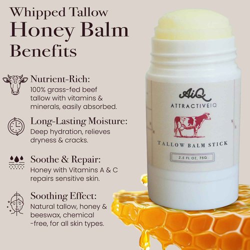 New Zealand Grass Fed Ethically-Sourced Beef Tallow for Skin– Stick with Vitamin E, Raw Honey, Olive Oil – Premium Ingredients & Cruelty-Free Tallow Face Moisturizer, Longevity & Firming - 75g