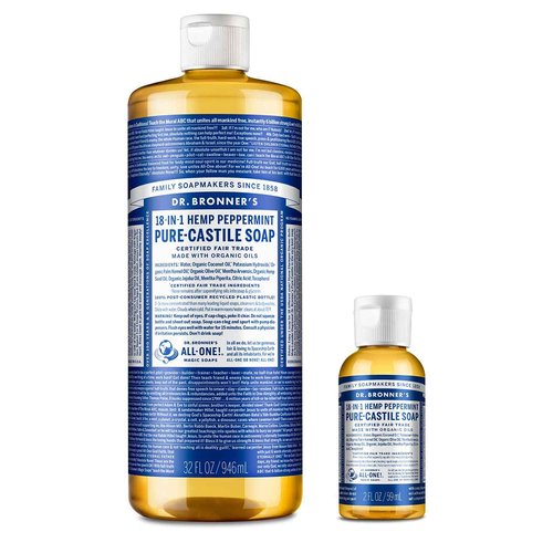 Dr. Bronner's - Pure-Castile Liquid Soap (Peppermint, 32 ounce and 2oz bundle) - Made with Organic Oils, 18-in-1 Uses: Face, Body, Hair, Laundry, Pets & Dishes, Concentrated, Vegan, Non-GMO