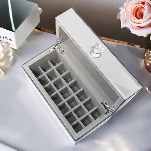 joyshiny 21-Slot Mirrored Lipstick Organizer, Rollerball Perfume Glass Storage box with Lid,Lip Gloss Storage for Vanity, Crushed Diamond Home Decor, 9.2''x 4.5'' x 5.15''