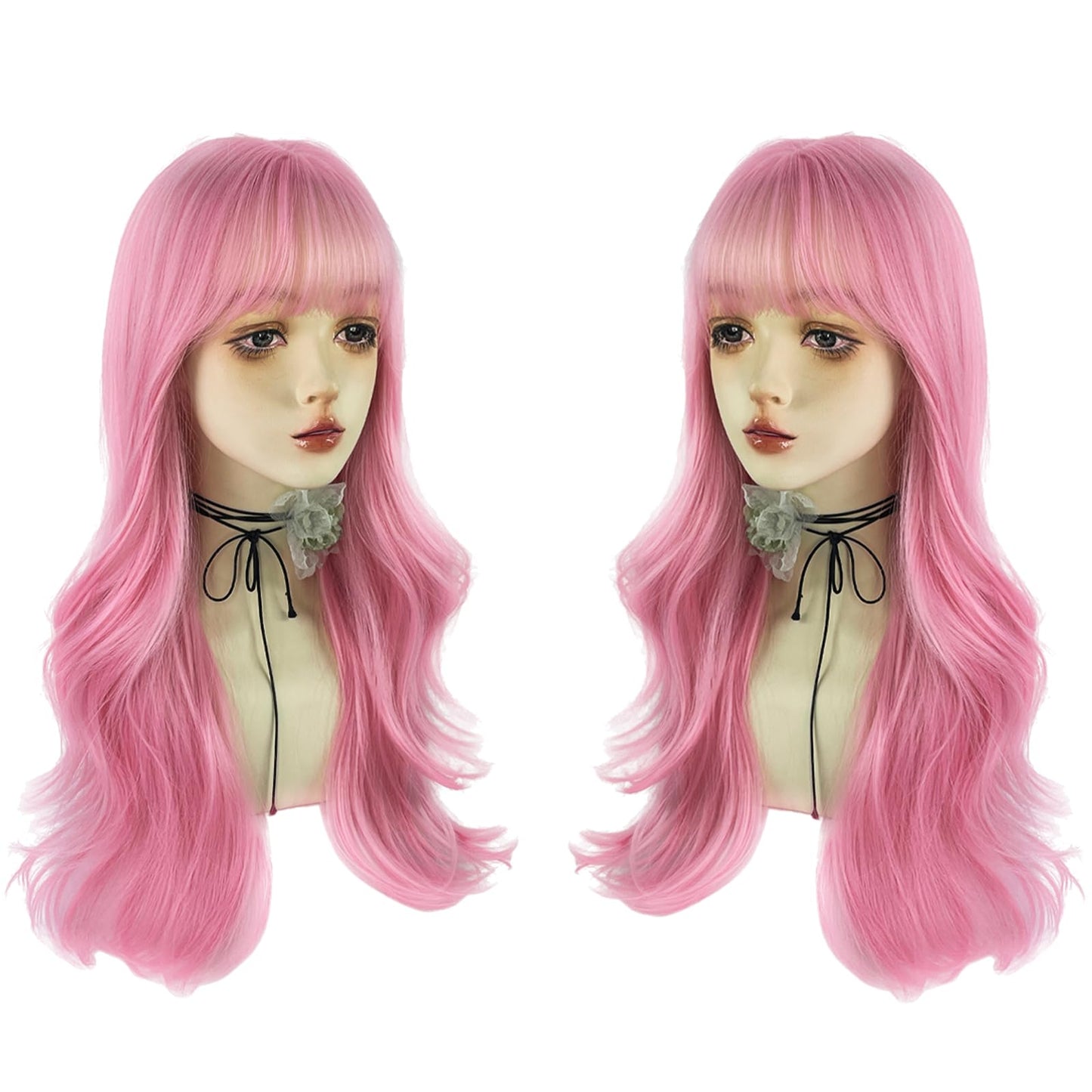 WKLOUYHE Pink Long Wavy Wigs with Bangs for Women Loose Wavy Wig Curly Wavy Synthetic Cosplay Wig for Girl Colorful Costume Wigs