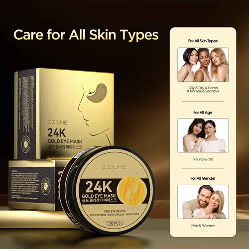 ZZILME 24k Gold Under Eye Patches - Firming, Glowing & Hydrating Hydrogel Mask for Puffy Eyes, Dark Circles, Wrinkles, Eye Bags Treatment, Gifts for Women and Men, 60Pcs Black