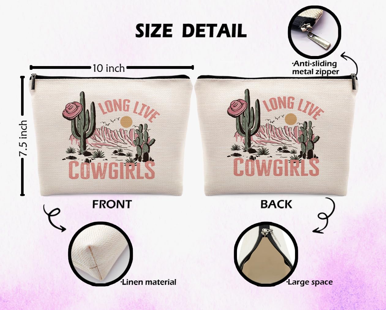 Dwept Long Live Cowgirls Cosmetic Bag, Pink Retro Western Cowgirl Hat Desert Cactus Makeup Bag Zipper Cosmetic Pouch Bag Travel Linen Makeup Organizer, Preppy Gifts for Teen Girls Women Cowgirls