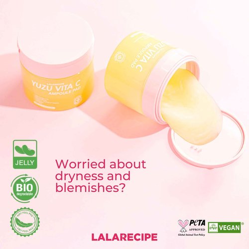 LALARECIPE Yuzu Vita C Ampoule Pads – Korean Jelly Glow with AHA, PHA, Niacinamide & Vegan Collagen – Exfoliating & Brightening Toner for Radiant Skin (80 Pads)