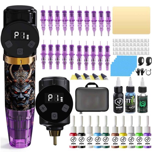 Tattoo Kit Tattoo Gun Wireless Tattoo Machine with 2 Batteries, Tattoo Ink Color Set, 20Pcs Tattoo Needles and Full Accessories Tattoo kit Complete for Beginners(Purple)